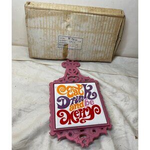 NAPCO Pink Cast Iron-Ceramic Tile Trivet Wall Hanging-Mid Century NOS Japan